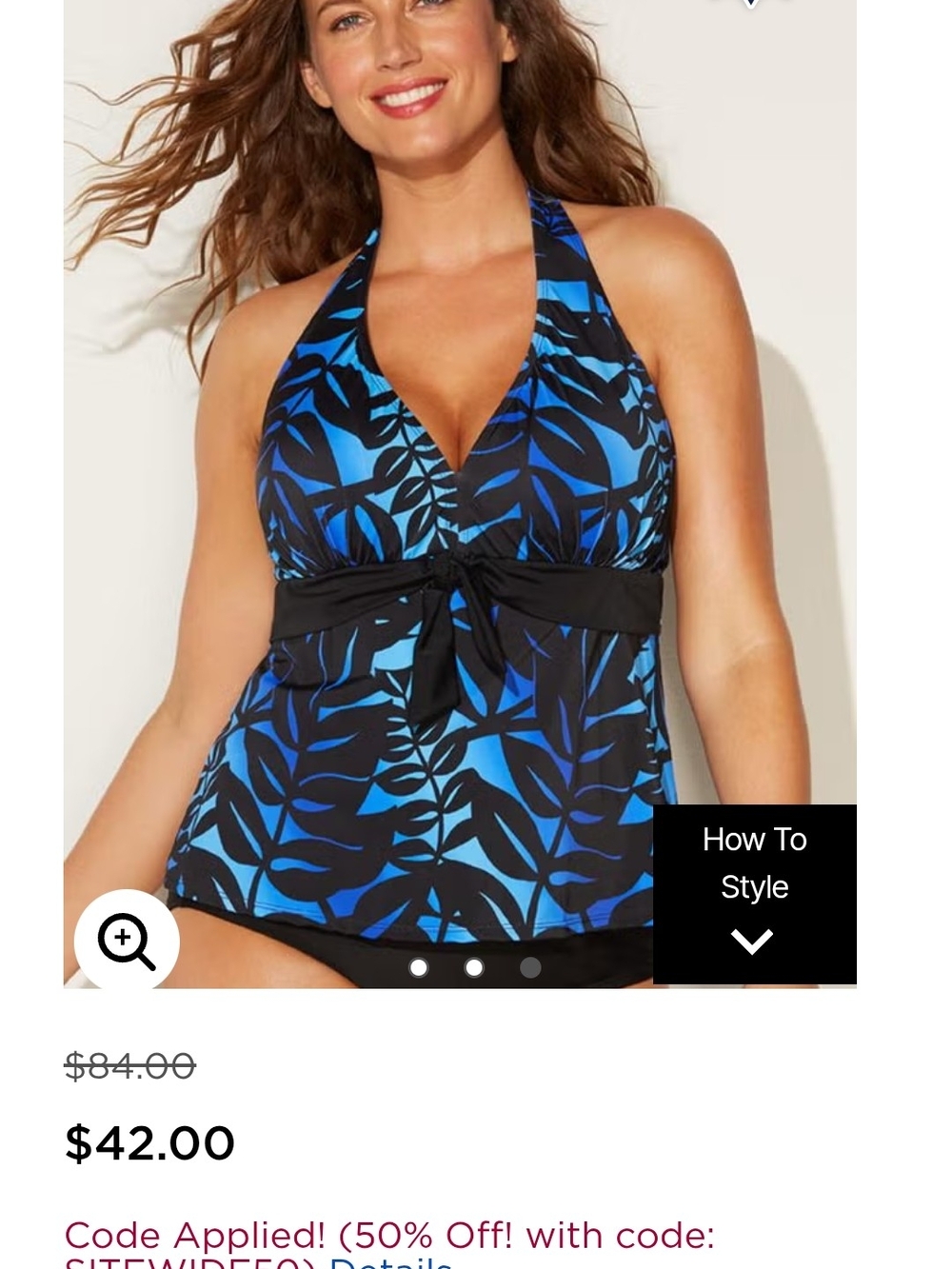 Blue & Black Leaf Print Halter Tankini Top